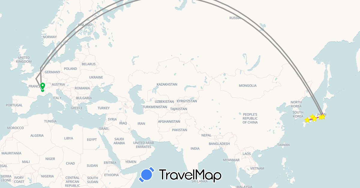 TravelMap itinerary: driving, bus, plane, train, hiking, boat in France, Japan, Netherlands (Asia, Europe)