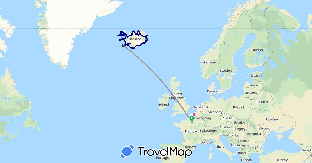 TravelMap itinerary: driving, bus, plane, train, hiking, boat in France, Iceland (Europe)